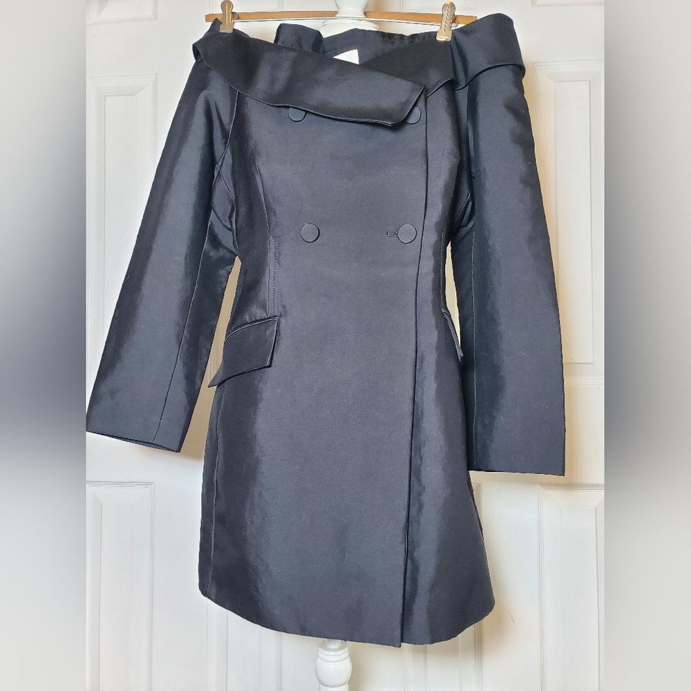 Double Breasted Satin Off The Shoulder Long Sleeve Mini Dress With Pockets